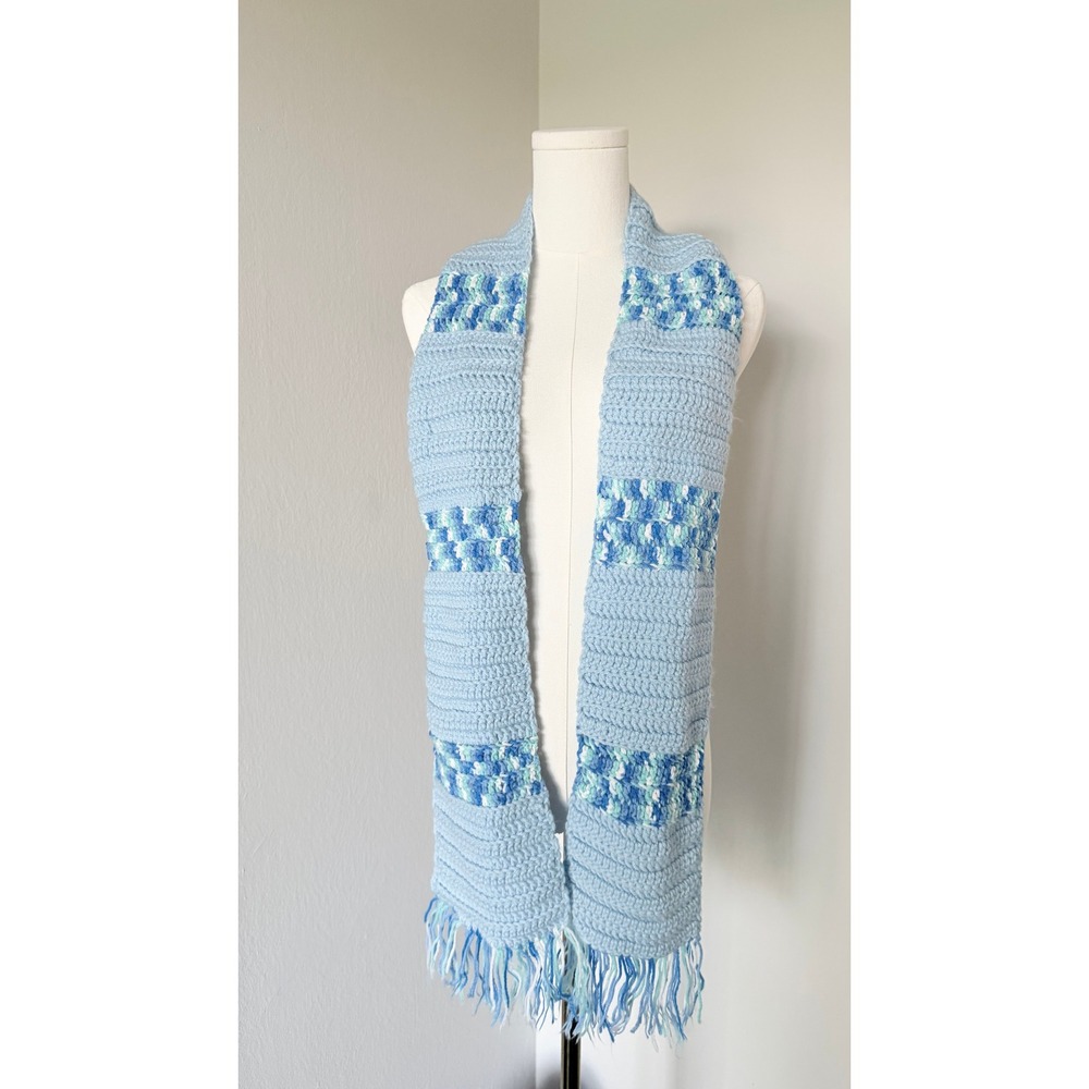 Handmade Crochet Scarf Light Blue Checkered Fringe Grandmacore Cottagecore 60in